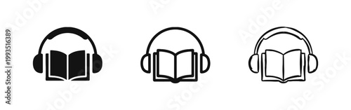 Audiobook and Digital Learning Icon Set with Headphones and Book