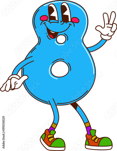 Cartoon groovy hippie math number eight character. Vector cheerful numeral figure 8 with googly eyes and friendly smile. Blue playful sign personage ready for kids arithmetic and mathematics learning