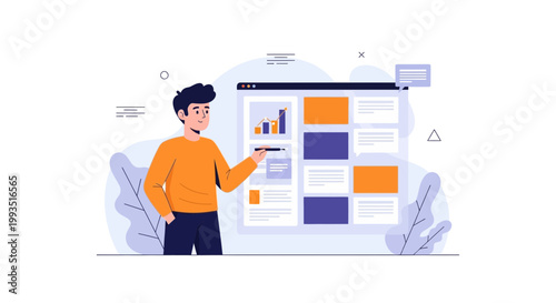 Man presenting website design with charts and content blocks, digital marketing concept
