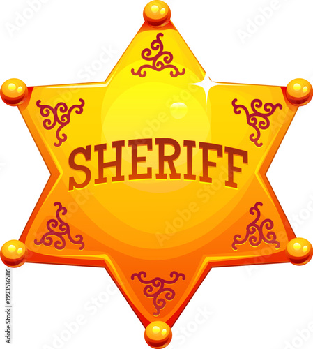 Cartoon sheriff star badge Wild West Western cowboy game icon. Vector gold police law frontier marshal authority justice enforcement emblem. Golden six point metal star, classic old West symbol