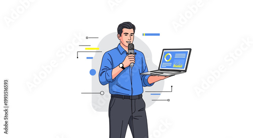 Man presenting with laptop and microphone, business presentation, data analysis