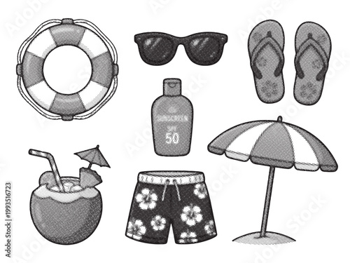 Black and white illustration of summer beach vacation objects and accessories