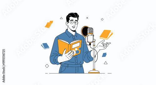 Man reading book into microphone, podcasting, audiobook narration, voiceover artist, education concept