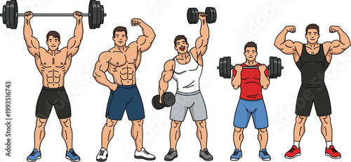 Cartoon illustrated muscular athletes lifting barbells dumbbells flexing bodybuilding poses strength training fitness exercise workout creative artwork scene