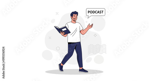Man walking with book and speaking about podcast, podcasting concept