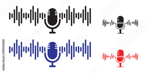 Microphone Audio Wave Icons Sound Recording Podcast Voice Technology Vector Illustration