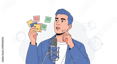 Man with blue hair and sticky notes at microphone, podcasting concept