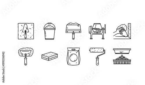 Plaster vector line icon set with construction and wall finishing tools for DIY and building illustrations