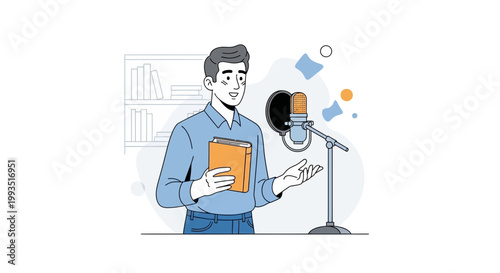Man with Book and Microphone Recording Podcast or Audiobook in Studio