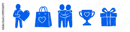 Set of blue hand-drawn icons for kindness, charity, and love, including a person with a heart, shopping bag, hugging pair, trophy, and gift box. Ideal for community and donation themes.