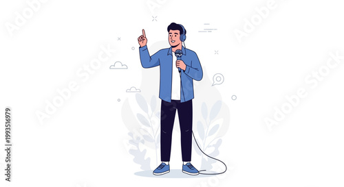 Man with Headphones and Microphone, Announcing or Podcasting, Gesturing Upwards