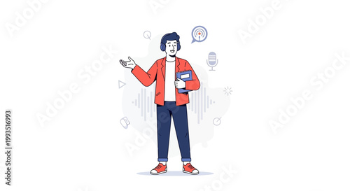 Man with headphones and microphone icon, podcasting and broadcasting concept