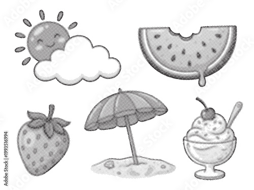 Black and white illustration of summer icons including umbrella and fruit