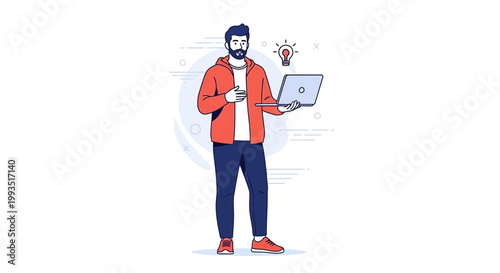 Man with Laptop and Lightbulb Icon - Idea Generation, Innovation, Technology Concept