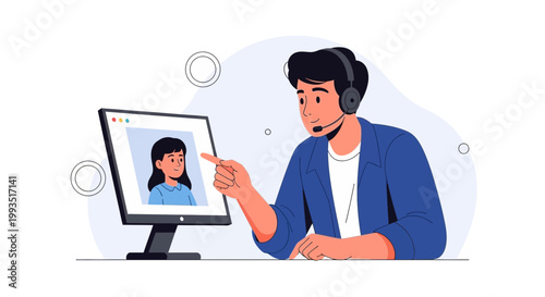 Man with headset video calling a woman on computer, online communication concept