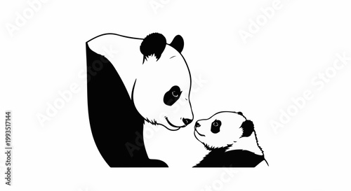 A black and white illustration of two pandas, one large and one small, facing each other