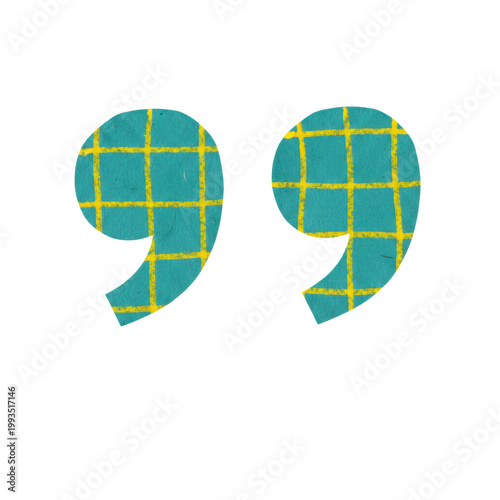 Two oversized teal paper quotation marks with irregular hand-cut edges and vibrant yellow wax crayon grid patterns isolated on a white background, playful craft