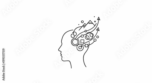 Conceptual line art of a human head with abstract ideas and goals