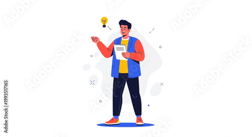 Man with Lightbulb Idea, Holding Notebook, Presenting Concept