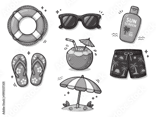 Black and white illustration of summer vacation objects and accessories on white background