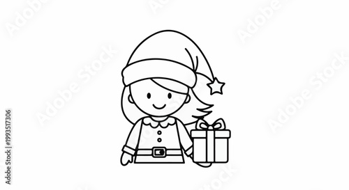 A cheerful cartoon character in a festive hat and outfit holds a gift