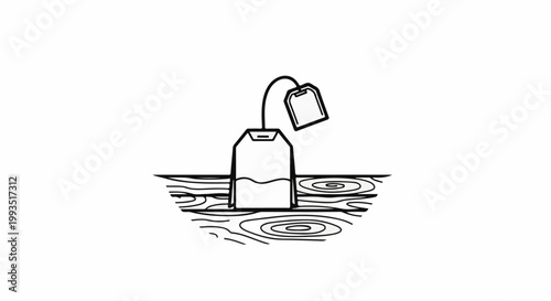 A simple line drawing of a tea bag steeping in water on a wooden surface