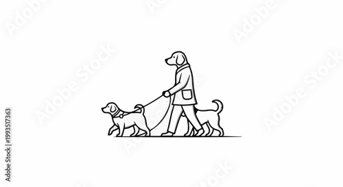 A minimalist line drawing of a person walking two dogs on leashes