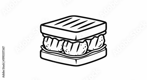 A square sandwich with three grilled patties between two slices of bread
