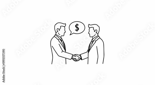 Two men in suits shake hands with a dollar sign speech bubble