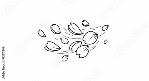 A stylized depiction of scattered flower petals being carried by the wind