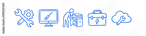 Set of hand-drawn blue icons for IT support, computer repair, and cloud maintenance. Features technician, tools, server, and monitor symbols for technical service and system administration.