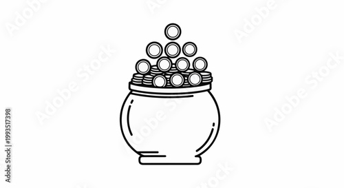 A stylized drawing of a round pot overflowing with coins