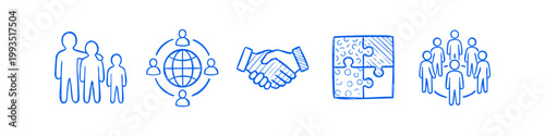 Fotografija Set of hand-drawn blue icons representing teamwork, global networking, partnership, and community