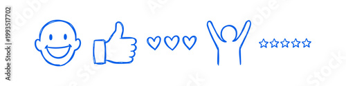 Hand-drawn blue icons representing customer satisfaction and success, featuring a smiley face, thumbs up, hearts, cheering person, and a five-star rating review on a white background.