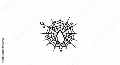A black and white illustration of a spiderweb with water droplets