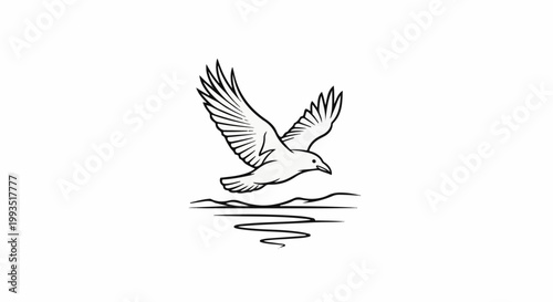 Black and white line drawing of a bird in flight over abstract water lines