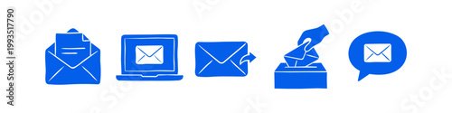 Hand-drawn blue communication and email icons set including laptop, envelope, speech bubble, and mailbox, ideal for digital marketing and messaging concepts.