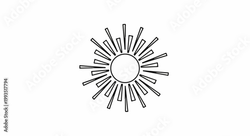Stylized black and white sunburst graphic with rays emanating from a central circle