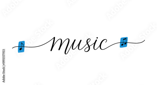 Music Calligraphy Lettering with Blue Musical Note Icons, Melodic Sound Concept and Artistic Typography Design for Audio Production and Performance