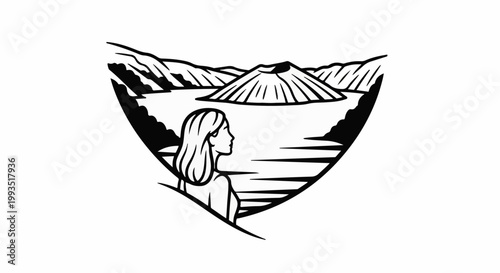 Woman admires a tranquil lake with a majestic volcano backdrop