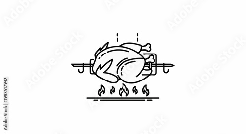 A line drawing of a whole chicken rotating over open flames
