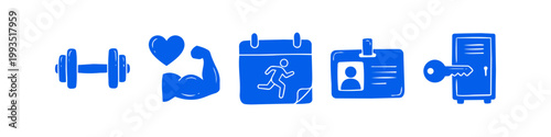 Set of blue hand-drawn gym and fitness icons including a dumbbell, strong bicep, running calendar, ID badge, and locker key. Perfect for health, workout apps, and sports-related designs.