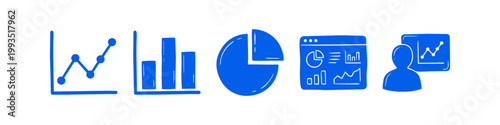 A collection of blue hand-drawn business data and analytics icons, featuring line graphs, bar charts, a pie chart, and a digital dashboard, perfect for reports and presentations.