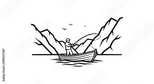 A lone angler in a rowboat casts a line amidst rocky peaks and flying birds