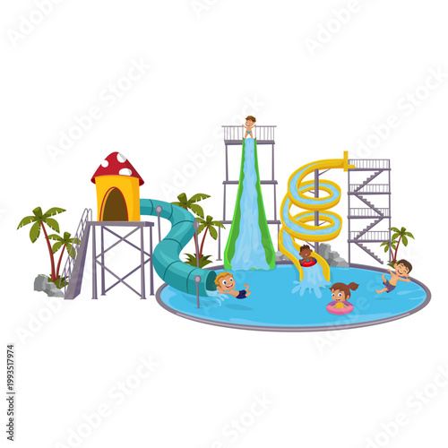 Kids playing in water park. Vector illustration of happy children on colorful slides in swimming pool. Summer vacation concept.