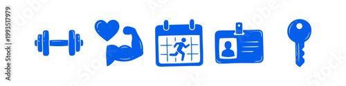 Set of hand-drawn blue gym and fitness icons including a dumbbell, flexing arm with heart, training calendar, gym pass, and key. Concept for workout routine, strength, and healthy lifestyle.