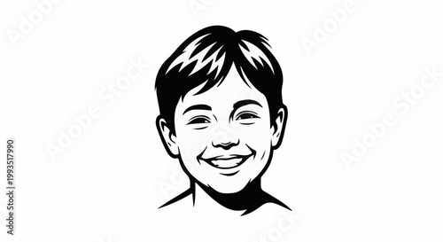 Stylized black and white drawing of a smiling boy's face on a white background