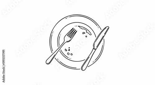 A minimalist line drawing of a plate with a fork and knife