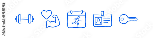 Hand-drawn blue fitness and gym icons set featuring a dumbbell, strong arm with heart, workout calendar, membership ID card, and key on white background.