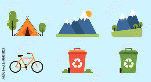Eco friendly icons for sustainable living and outdoor activities